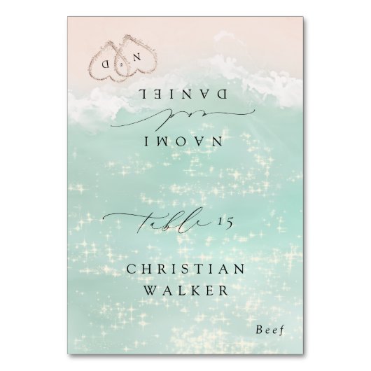 Moderne Script Hearts Beach Klappbare Platzkarte Tischnummer (Vorderseite)