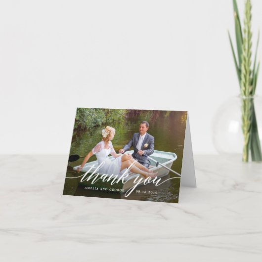 Moderne Script Hochzeit Danke Foto Card (Vorderseite)