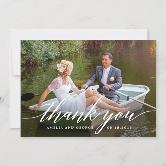 Moderne Script Hochzeit Danke Foto Card (Vorderseite)