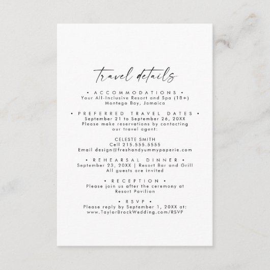 Moderne Script-Hochzeit in Urlaubsort Reisedetails Begleitkarte (Vorderseite)