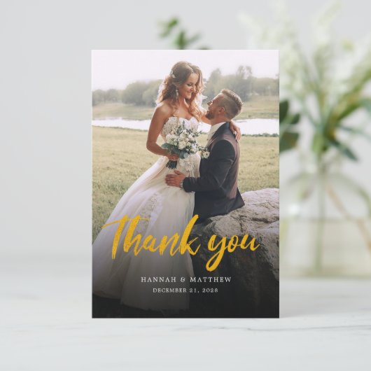 Moderne Script Imitate Gold Multi Foto Hochzeit Dankeskarte (Stehend Vorderseite)