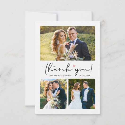 Moderne Script Liebe Heart Wedding Foto Collage Dankeskarte (Vorderseite)