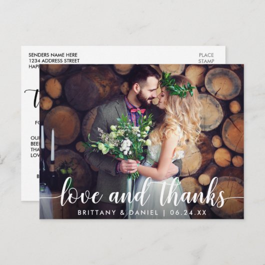 Moderne Script-Liebe und Dank für die Hochzeit Postkarte (Vorne/Hinten)