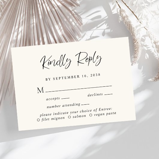 Moderne Script-Menü-Auswahl Cream Wedding RSVP-Kar RSVP Karte