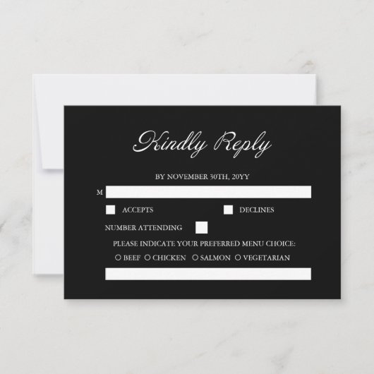 Moderne Script Minimal Calligrafy Black Wedding RSVP Karte (Vorderseite)