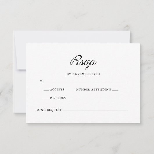 Moderne Script Minimal Calligraphy White Wedding RSVP Karte (Vorderseite)