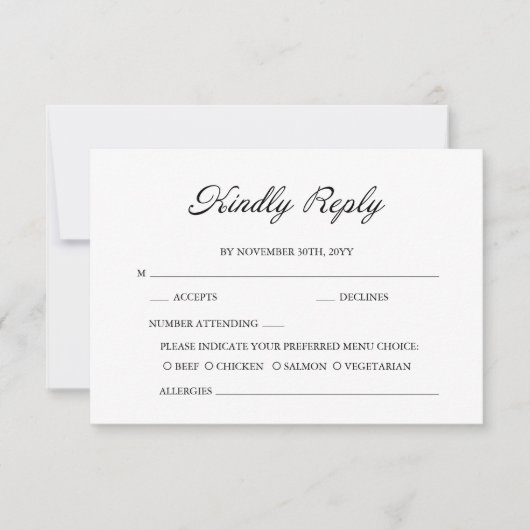 Moderne Script Minimal Calligraphy White Wedding RSVP Karte (Vorderseite)