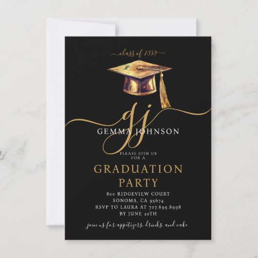 Moderne Script Minimal Graduation Party Gold Black Einladung (Vorderseite)