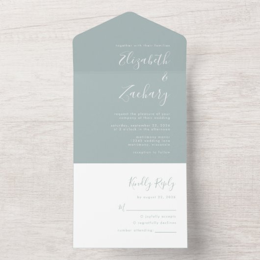 Moderne Script Minimal Sea Glass Hochzeit All In One Einladung (Innen Boden)