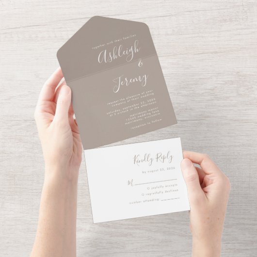 Moderne Script Minimal Taupe Hochzeit All In One Einladung (Abreißen)