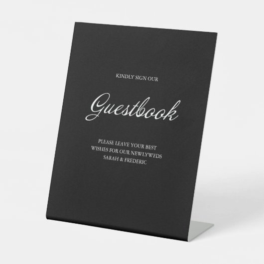 Moderne Script Minimalistisch Guestbook Black Wedd Sockelschild (Vorderseite)