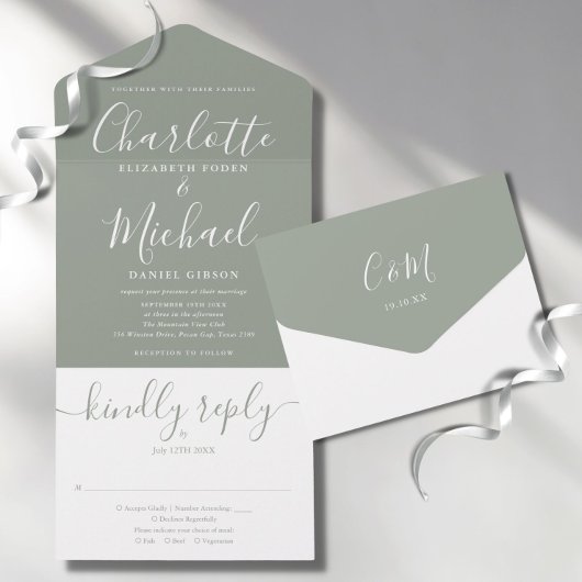 Moderne Script Minimalistisch Sage Green Wedding All In One Einladung