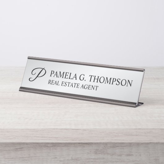 Moderne Script Monogram Black und Silver Schreibtischnamensplakette (Vorderseite )