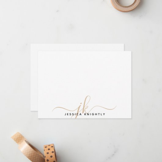 Moderne Script Monogram Initials Minimal Gold Mitteilungskarte (Vorderseite/Rückseite Beispiel)