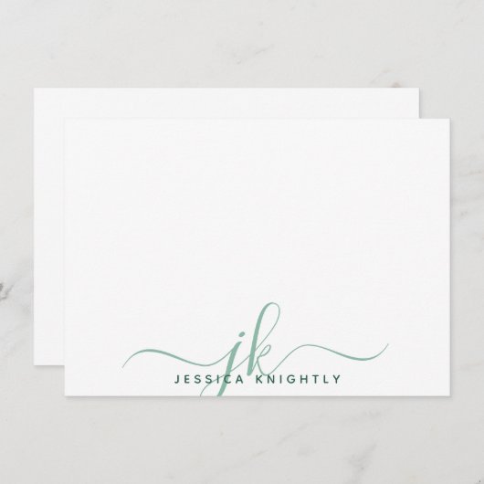 Moderne Script Monogram Initials Minimal Grün Mitteilungskarte (Vorne/Hinten)