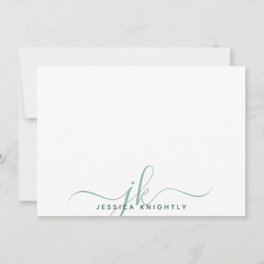 Moderne Script Monogram Initials Minimal Grün Mitteilungskarte (Vorderseite)