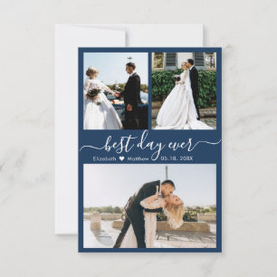 Moderne Script Navy 3 Foto Collage Wedding Dankeskarte
