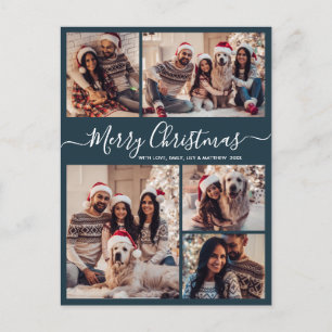 Moderne Script Navy 5 Foto Collage Weihnachten Postkarte