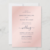 Moderne Script Navy Blue and Blush Wedding Einladung (Vorderseite)