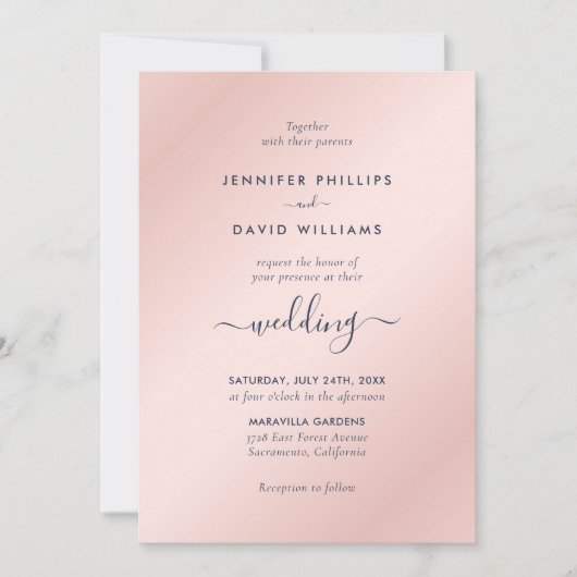 Moderne Script Navy Blue and Blush Wedding Einladung (Vorderseite)