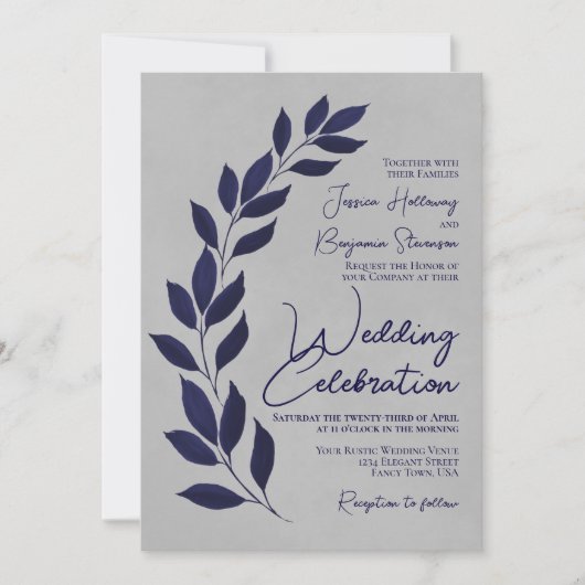 Moderne Script Navy Blue Blätter auf Gray Wedding Einladung (Vorderseite)