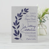 Moderne Script Navy Blue Blätter auf Gray Wedding Einladung (Stehend Vorderseite)