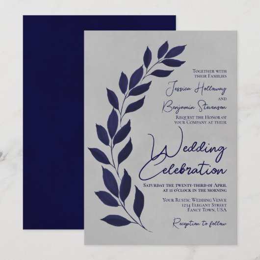 Moderne Script Navy Blue Blätter auf Gray Wedding Einladung (Vorne/Hinten)