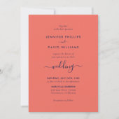 Moderne Script Navy Blue und Coral Wedding Einladung (Vorderseite)
