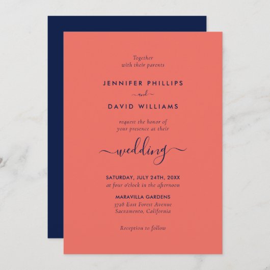 Moderne Script Navy Blue und Coral Wedding Einladung (Vorne/Hinten)