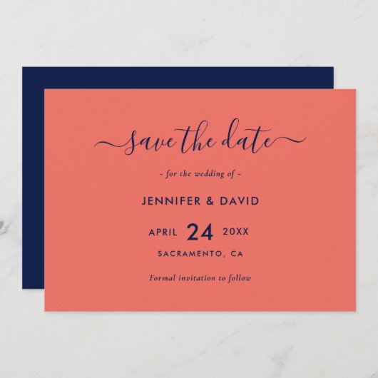 Moderne Script Navy Blue und Coral Wedding Save The Date (Vorne/Hinten)