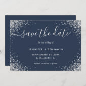 Moderne Script Navy Blue und Silver Glitzer Hochze Save The Date (Vorne/Hinten)