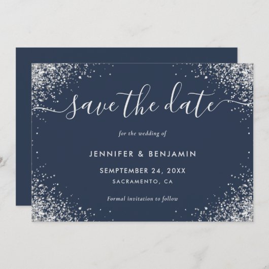 Moderne Script Navy Blue und Silver Glitzer Hochze Save The Date (Vorne/Hinten)