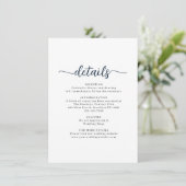 Moderne Script Navy Blue Wedding Details Begleitkarte (Stehend Vorderseite)