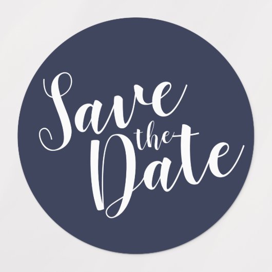 Moderne Script Navy Blue Wedding Save the Date Lab Etiketten (Design 1)