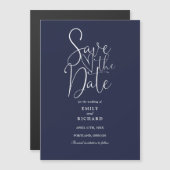 Moderne Script Navy Blue Wedding speichern das Dat Magneteinladung (Vorne/Hinten)