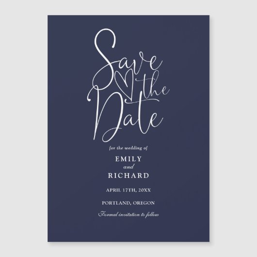 Moderne Script Navy Blue Wedding speichern das Dat Magneteinladung (Vorderseite)