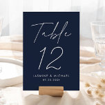 Moderne Script Navy Wedding Tischnummer Card<br><div class="desc">Einfache, moderne Hochzeitskarten mit "Tischnummer", die in einem handgeschriebenen, weißen Skript mit mariniertem Hintergrund (oder einer von Ihnen gewählten) angezeigt werden. Um die Hochzeitskarten der Marine zu bestellen: Fügen Sie Ihren Namen, das Hochzeitsdatum und die Tischnummer hinzu. Jede Nummer muss individuell in Ihren Warenkorb aufgenommen werden. Nachdem Sie alle Tischnummern...</div>