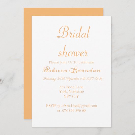 Moderne Script Orange Bridal Dusche Einladung (Vorne/Hinten)