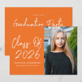 Moderne Script Orange Foto Graduation Party Einladung (Vorne/Hinten)