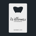 Moderne Script-Personalisierte Trauzeugen Geldbeutel Flaschenöffner<br><div class="desc">Moderne Script Personalisiert Trauzeugen Bottle Opener mit dem Namen des personalisierten Trauzeugen in modernem,  schwarz-Script-Schriftart Stil mit Titel und Hochzeitdatum in modernen Sans Serif Schriftart Stil auf weißem Hintergrund. Auch perfekt für Trauzeugin,  Blütenmädchen,  Brautmutter,  Trauzeuge,  Trauzeuge und mehr.</div>