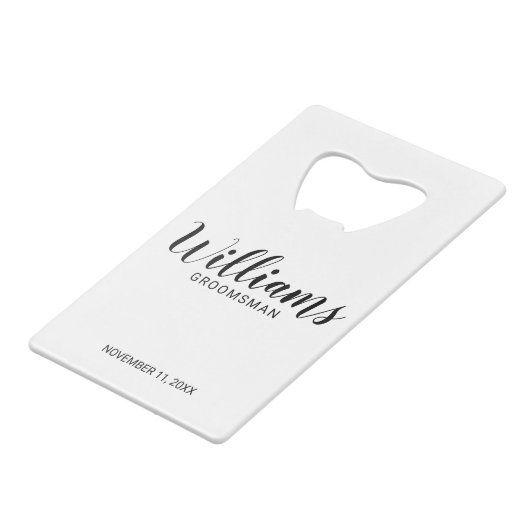 Moderne Script-Personalisierte Trauzeugen Geldbeutel Flaschenöffner (Vorderseite Schrägansicht)