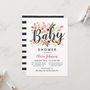 Moderne Script Pink Floral Girl Babydusche Einladung