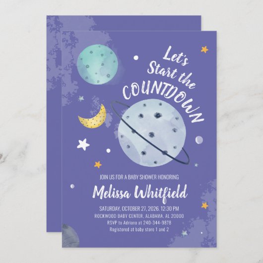 Moderne Script Planets Babydusche Einladung (Vorne/Hinten)