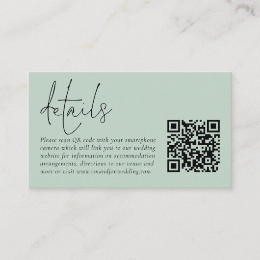 Moderne Script QR Code Foto Sage Wedding Details Begleitkarte (Vorderseite)