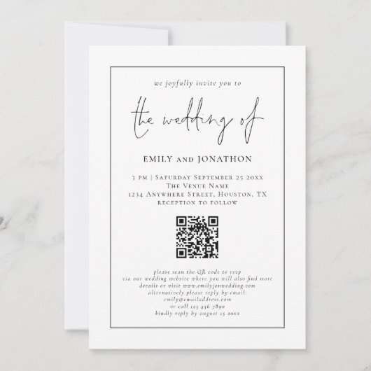 Moderne Script QR Code Line Hochzeit Einladung (Vorderseite)