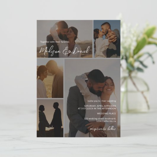 Moderne Script Qr-Code-Namen 6-Foto-Grid-Hochzeit Einladung (Stehend Vorderseite)