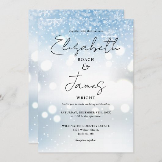 Moderne Script QR Code Schneeflocken Winterhochzei Einladung (Vorne/Hinten)