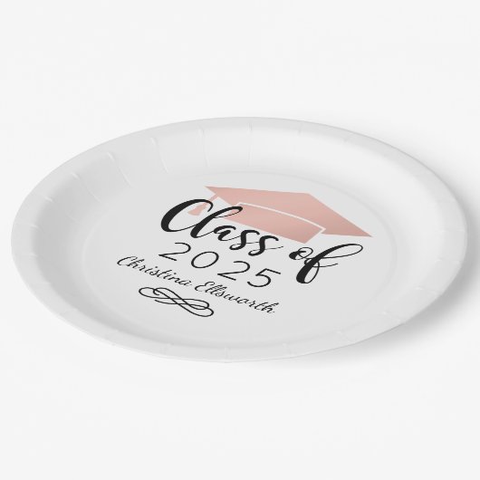 Moderne Script-Rose Gold 2025 Custom Abschluss Pappteller (Schrägansicht)