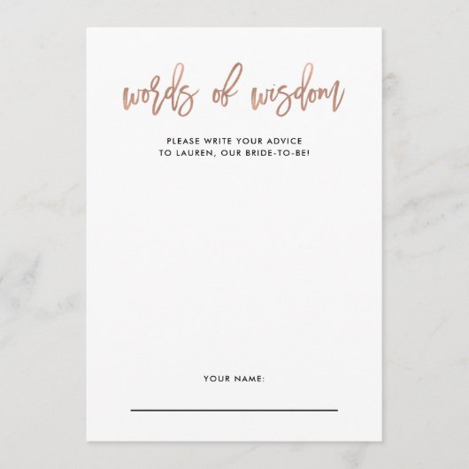 Moderne Script Rose Gold Brautparty Advisor Card Hinweiskarte (Vorderseite)