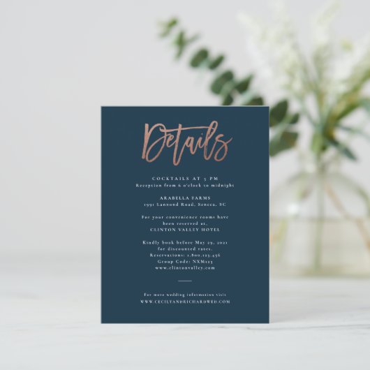 Moderne Script-Rose Gold-Hochzeitdetails Einladung (Stehend Vorderseite)